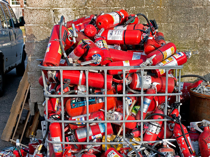 Commercial fire extinguishers ready for collection